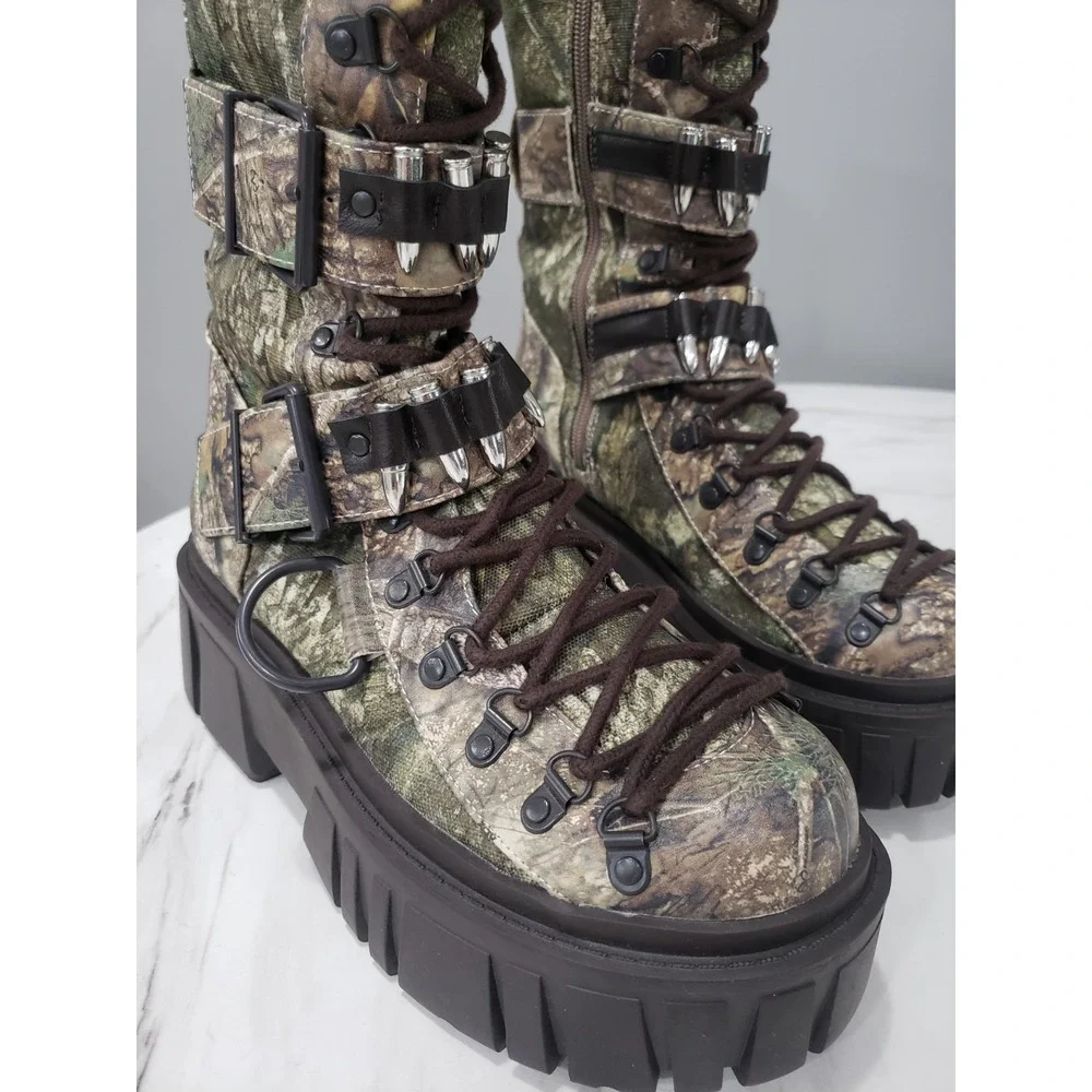 SZ 7 Dolls Kill Critic Knee High Hiker Camo BULLET Buckle Combat Boots REALTREE
